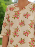 Aramya A-line Linen Cotton Floral Print Women's Kurta - Pink | Grocsy