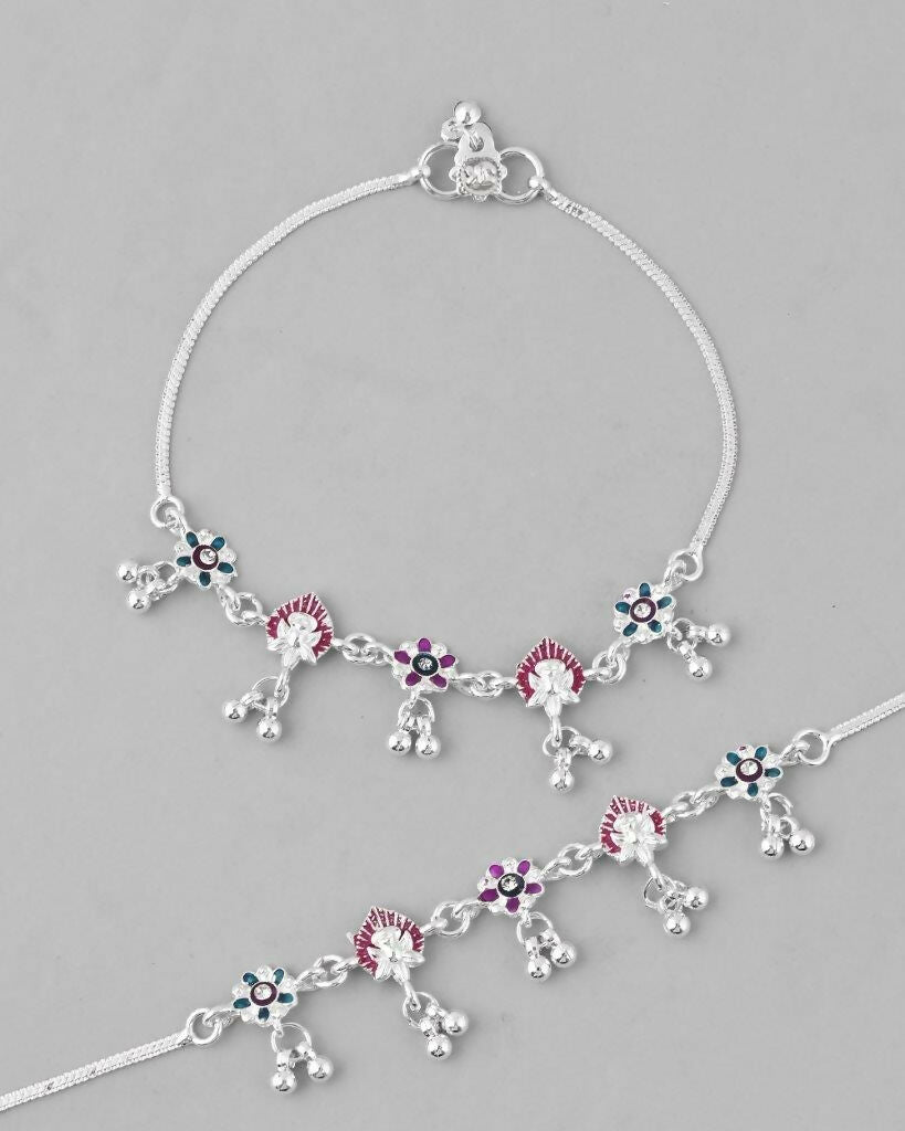 VOJ Set of 2 Silver Plated Designer Multi Color Anklet | Grocsy
