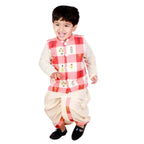 Little Bansi Boys Cream Color Floral Check Jacket with Kurta and Dhoti | Grocsy
