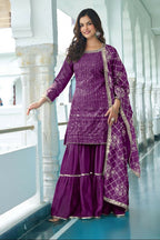 Teeya Creation Wine Colour Chinnon Silk Heavy Embroidery Work Fully Stitched Salwar Suit | Grocsy