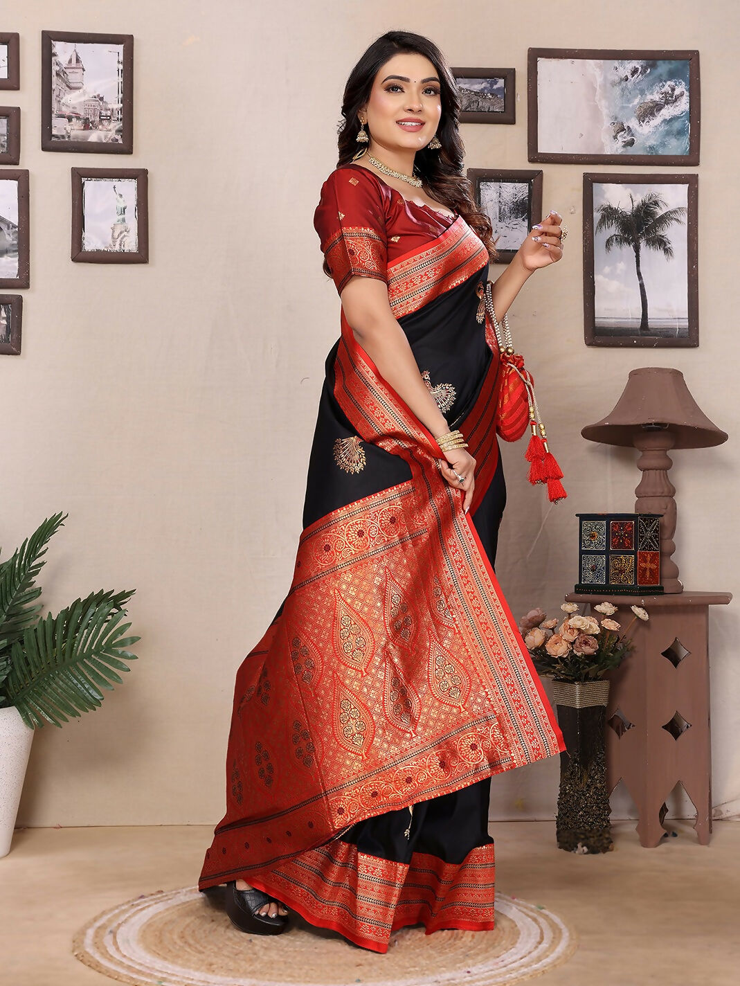 Joban Fashion Banarasi Black Small Butti Soft Silk Saree | Grocsy