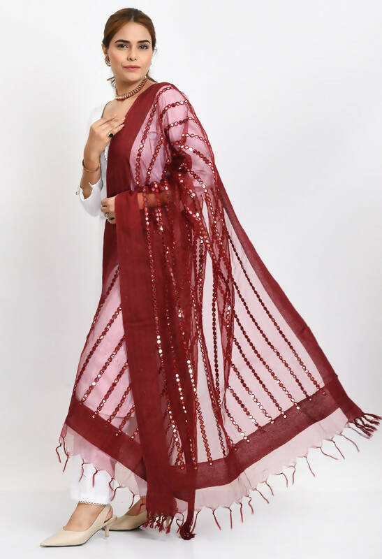 Mominos Fashion Moeza Women's Orgenza Mirror Stripe Thread Work Maroon Dupatta | Grocsy
