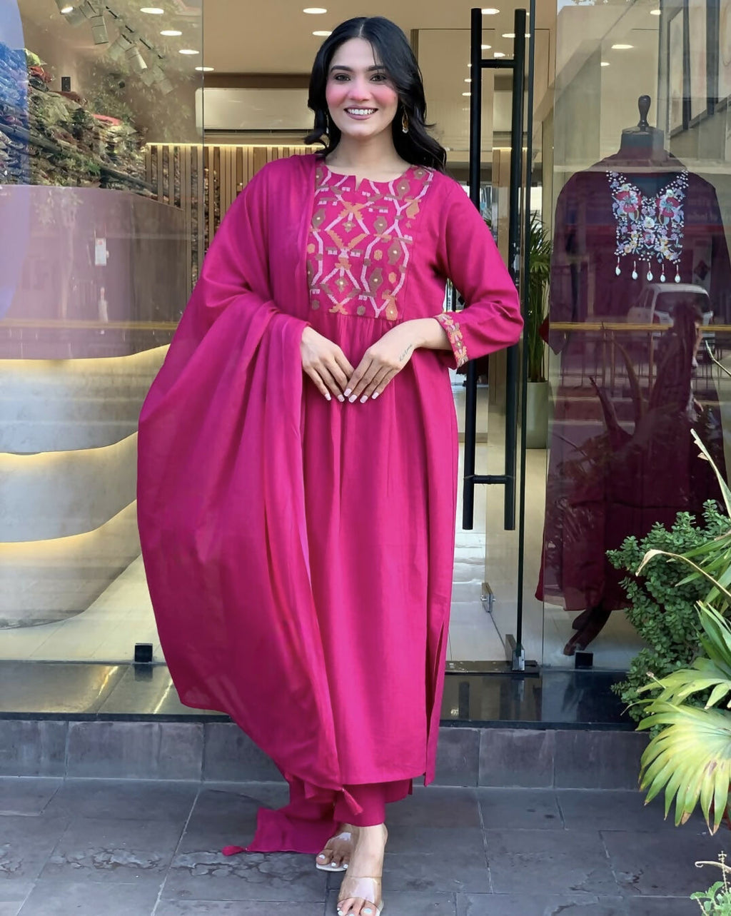The52 Pink Women's Gorgeous Chanderi Fabric Embroidered Work Straight Kurta Pant and Dupatta Set | Grocsy
