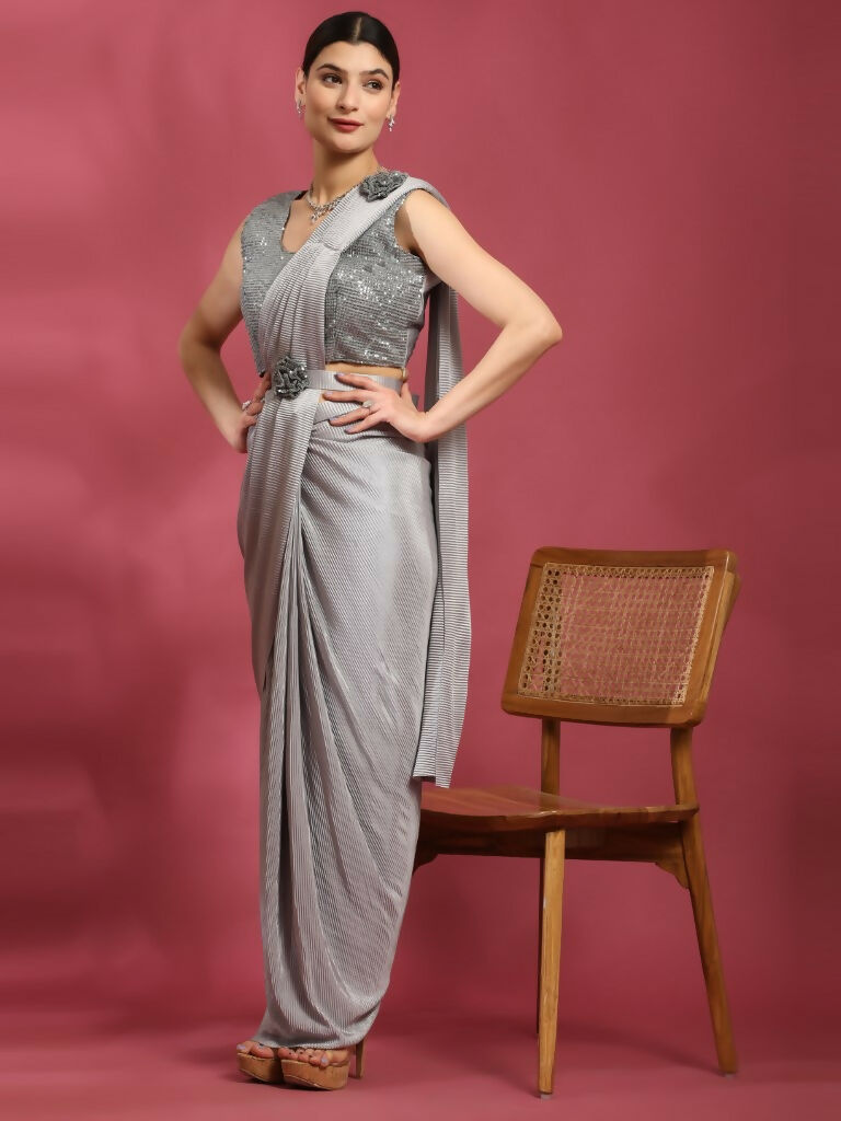 Grey Imported Crush Lycra Texture Pattern Ready to Wear Saree with stitched Blouse - Nirvana | Grocsy