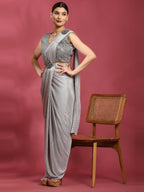 Grey Imported Crush Lycra Texture Pattern Ready to Wear Saree with stitched Blouse - Nirvana | Grocsy