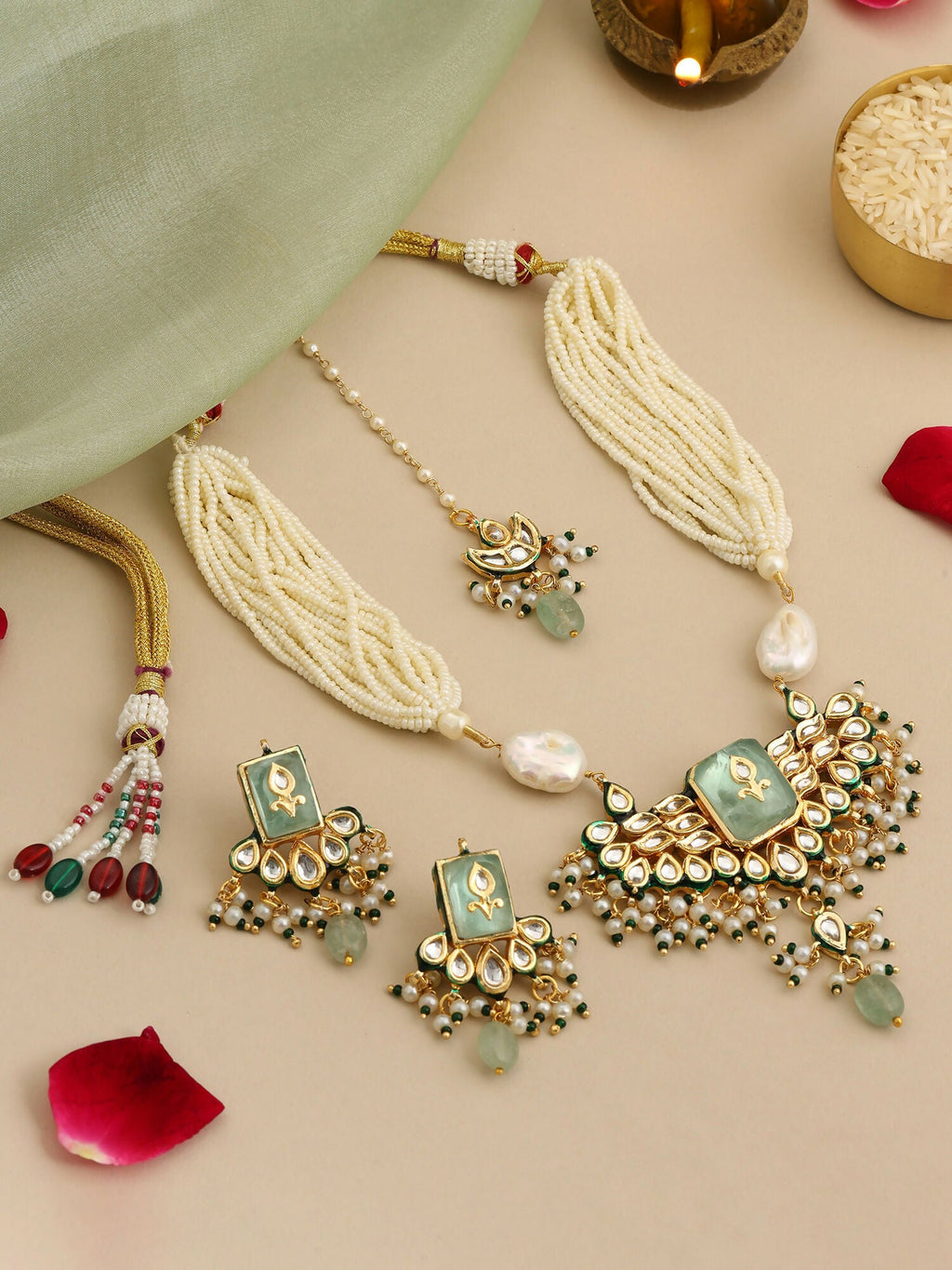 Ruby Raang Pearl Glow Necklace With Matching Earrings And Maang Tikka | Grocsy