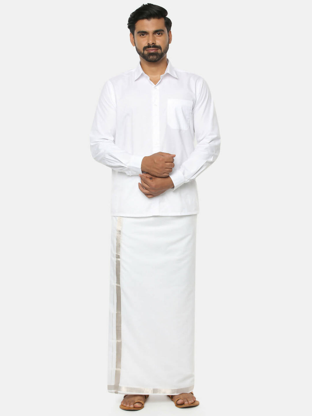 Ramraj Cotton Mens Cotton Silver Jari Dhoti - White | Grocsy