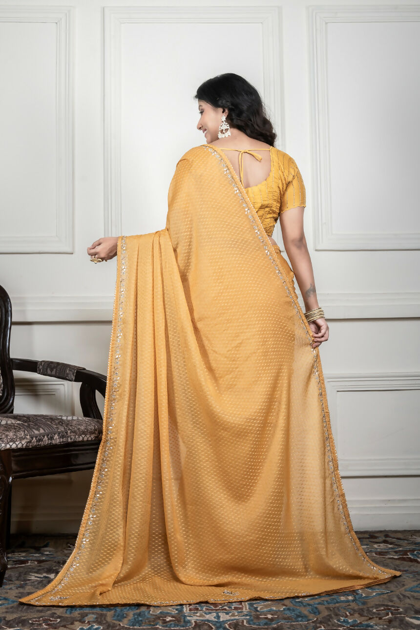 Morchari Yellow Pure Chiffon Hand Embroidery Saree And Stitched Blouse | Grocsy
