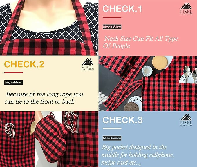 Pixel Home Cotton Apron Check Kitchen-Red Checked | Grocsy
