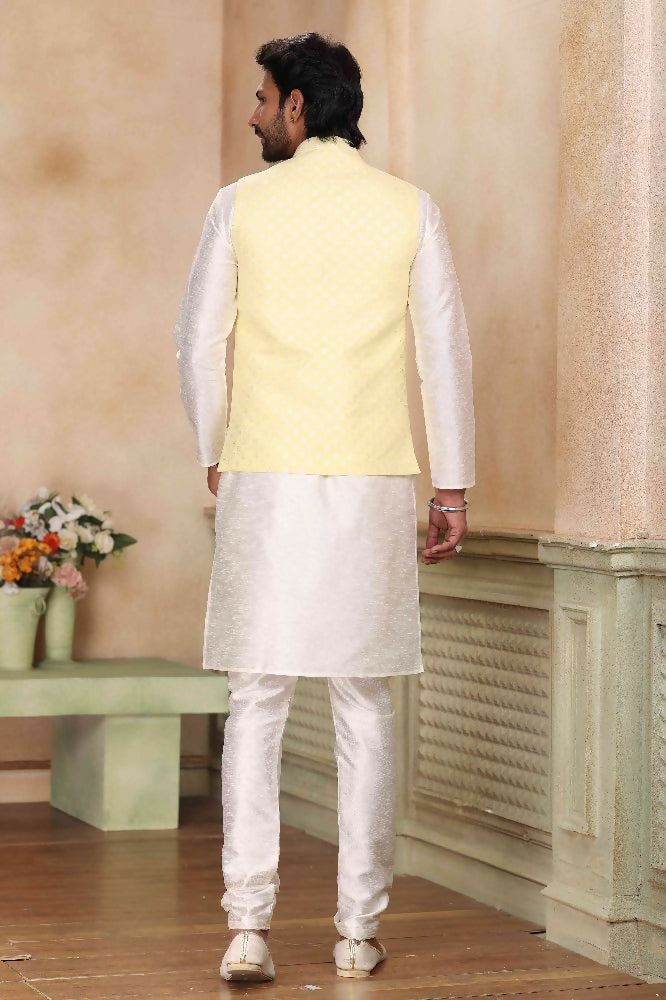 Raivat Ethnic Jacquard Banarasi Silk Woven Work 3 Pics Jacket Set In Yellow Colour | Grocsy
