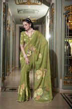 Vastranavya Mehendi Spectacular Georgette Printed with Pearl Lace Saree with Unstitched Blouse | Grocsy