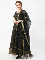 Cheera Women's Black Cotton Hand Block Print Long Dress With Silk Dupatta Set | Grocsy