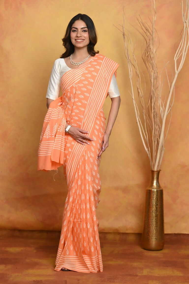 Very Much Indian Handblock Printed Cotton Saree With Natural Dyes - Light Peach | Grocsy