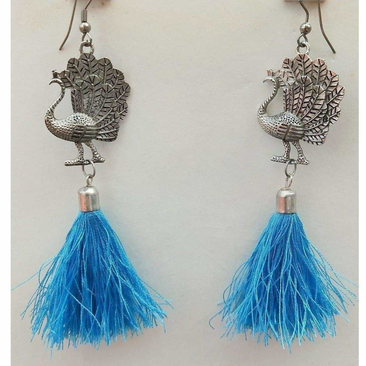 MS Fashion India Fancy Peacock Tassel Hanging Blue Silk threads Earrings | Grocsy