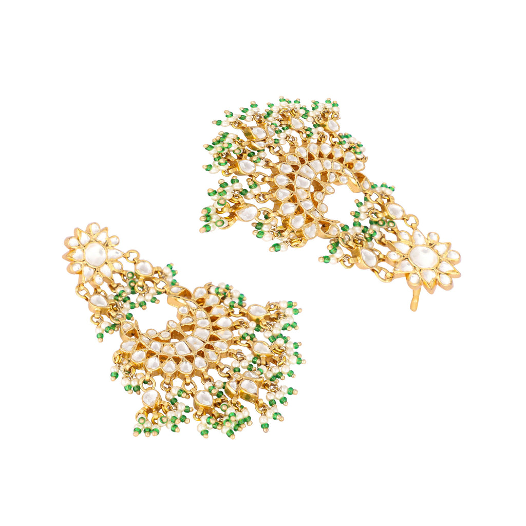 Nuyug 22K Gold-Plated Kundan & Pearl Studded Crescent Shaped Green Beads Chandbalis | Grocsy