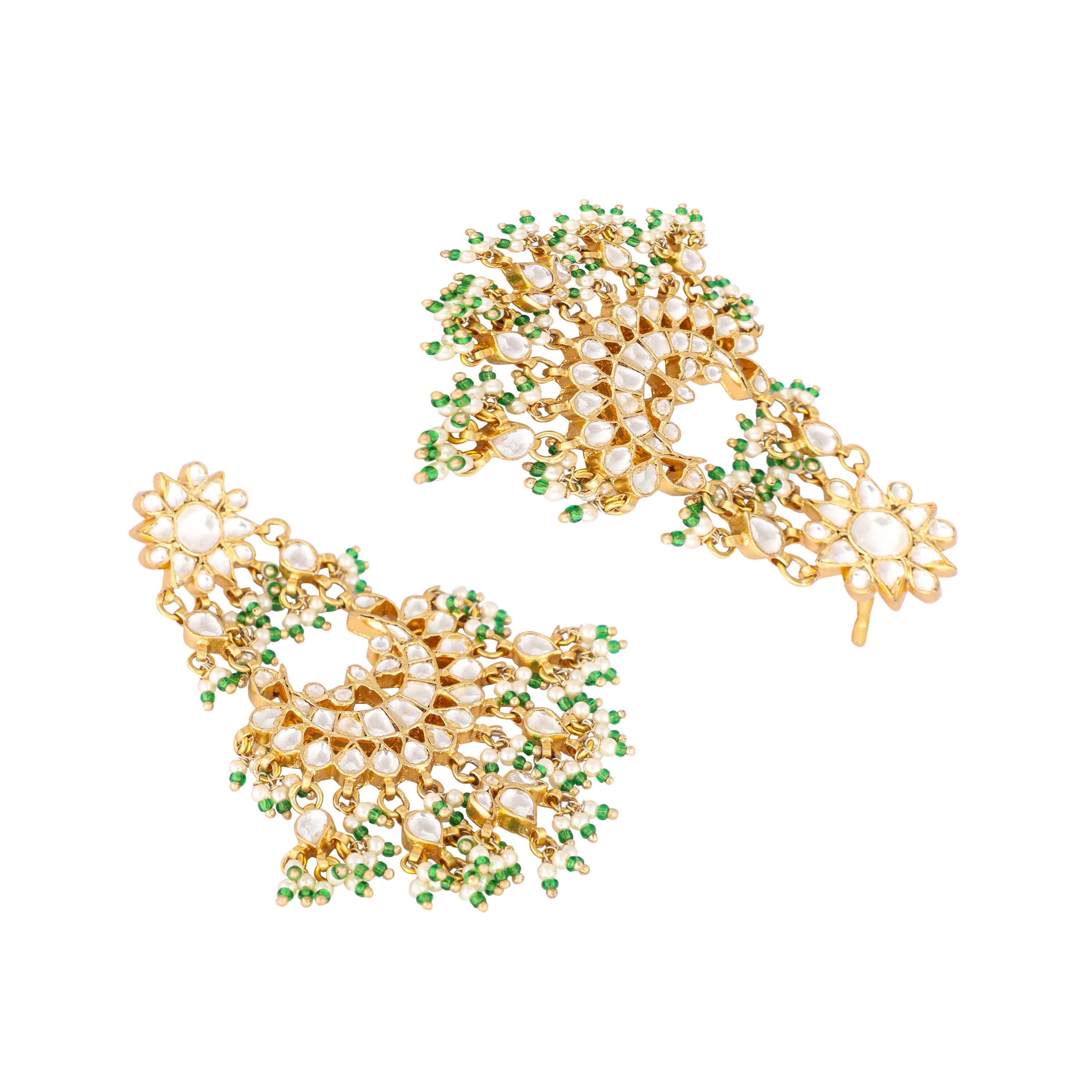 Nuyug 22K Gold-Plated Kundan & Pearl Studded Crescent Shaped Green Beads Chandbalis | Grocsy