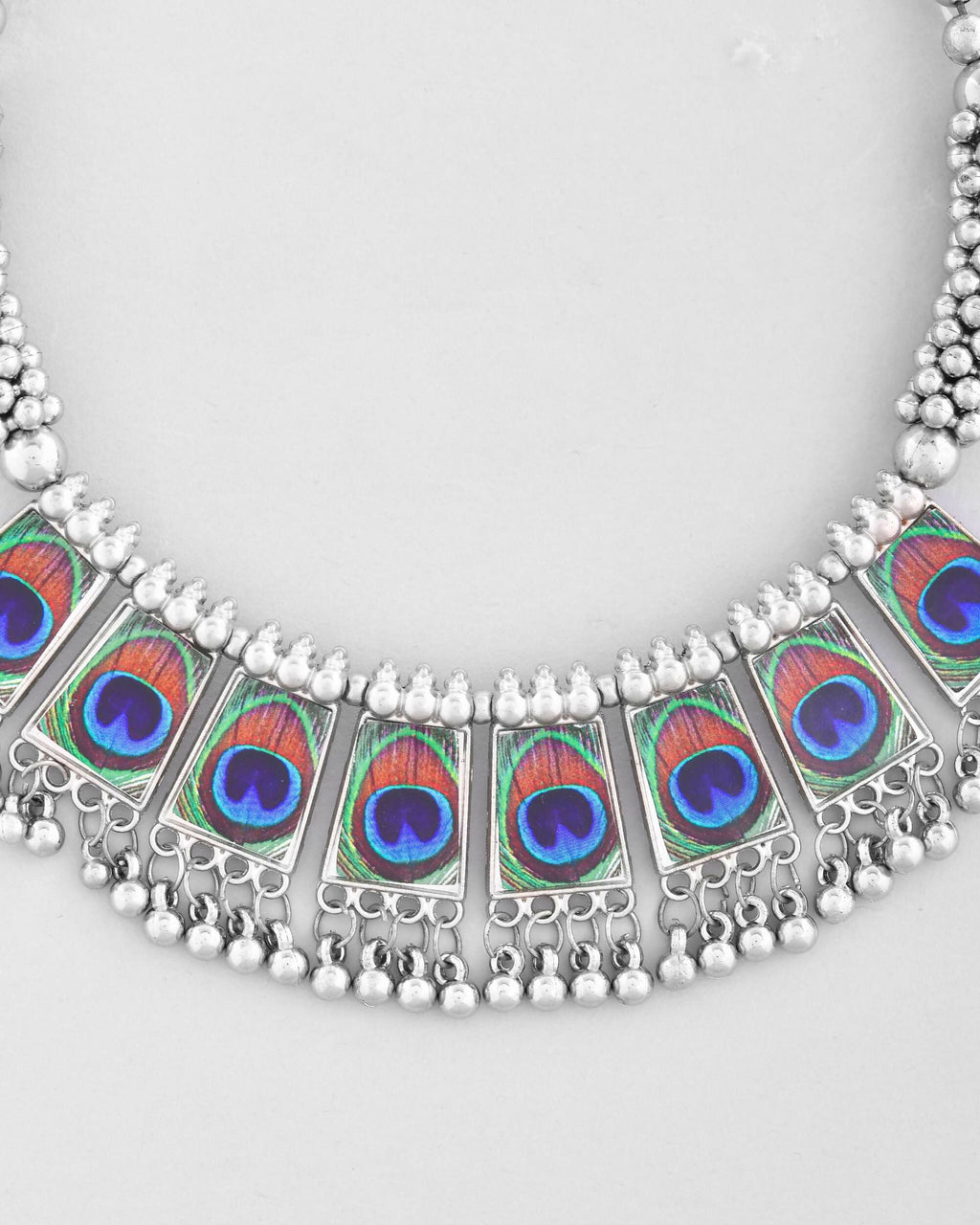 VOJ Silver Plated Oxidized Peacock Print Hasli with Earring Set | Grocsy
