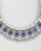 VOJ Silver Plated Oxidized Peacock Print Hasli with Earring Set | Grocsy