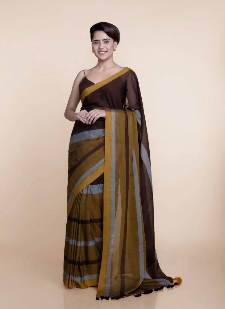 Suta Brown Yellow Colourblocked Mul Saree | Grocsy