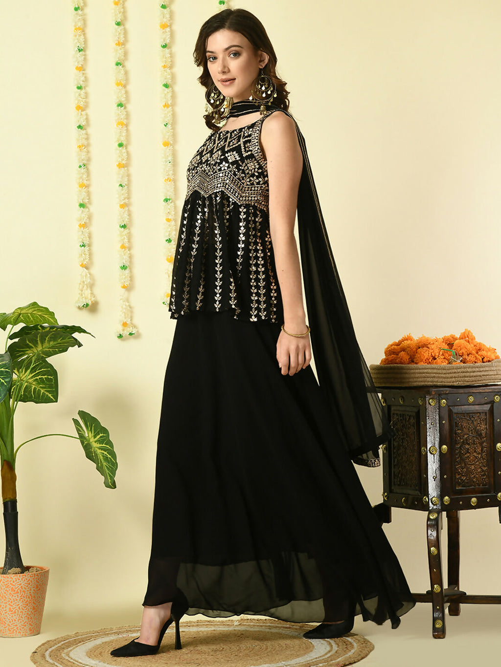 Myshka Women's Black Georgette Top & Skirt With Dupatta Party Sets | Grocsy