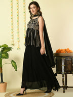Myshka Women's Black Georgette Top & Skirt With Dupatta Party Sets | Grocsy
