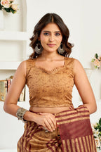 Joban Fashion Caramel Striped & Geomatric Linen Ready To Wear Saree With Unstitched Blouse | Grocsy