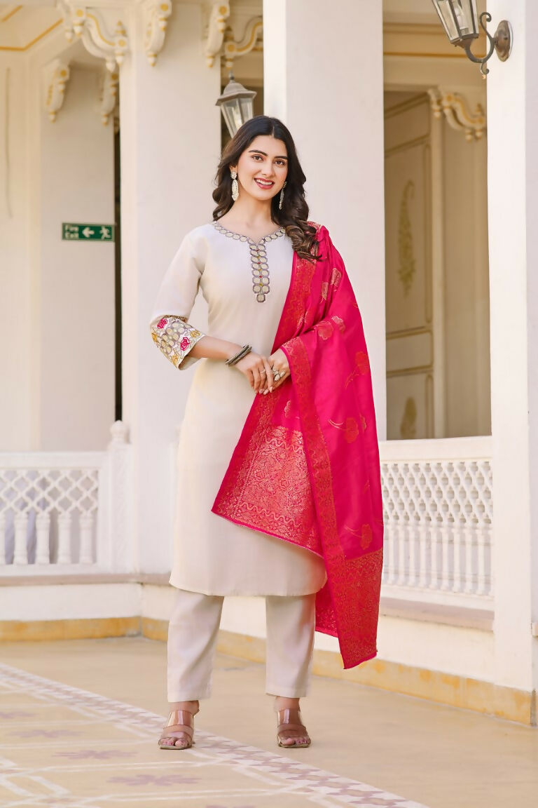 Festive Wear Ethnic White vetigun Stitched Suit With Dupatta - Nisha | Grocsy