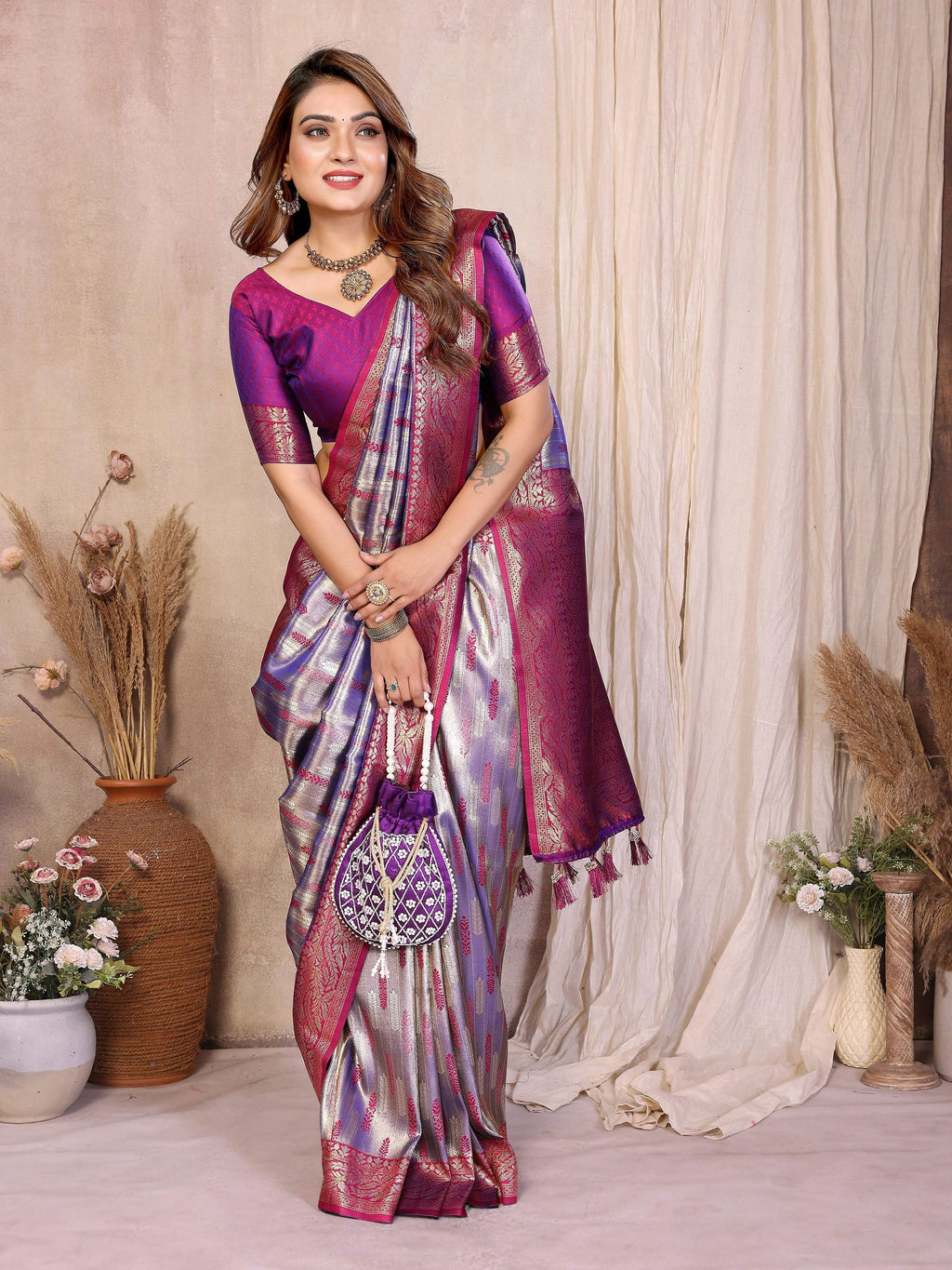 Aastha Fashion Purple Tissue Silk Paithani Woven Saree | Grocsy