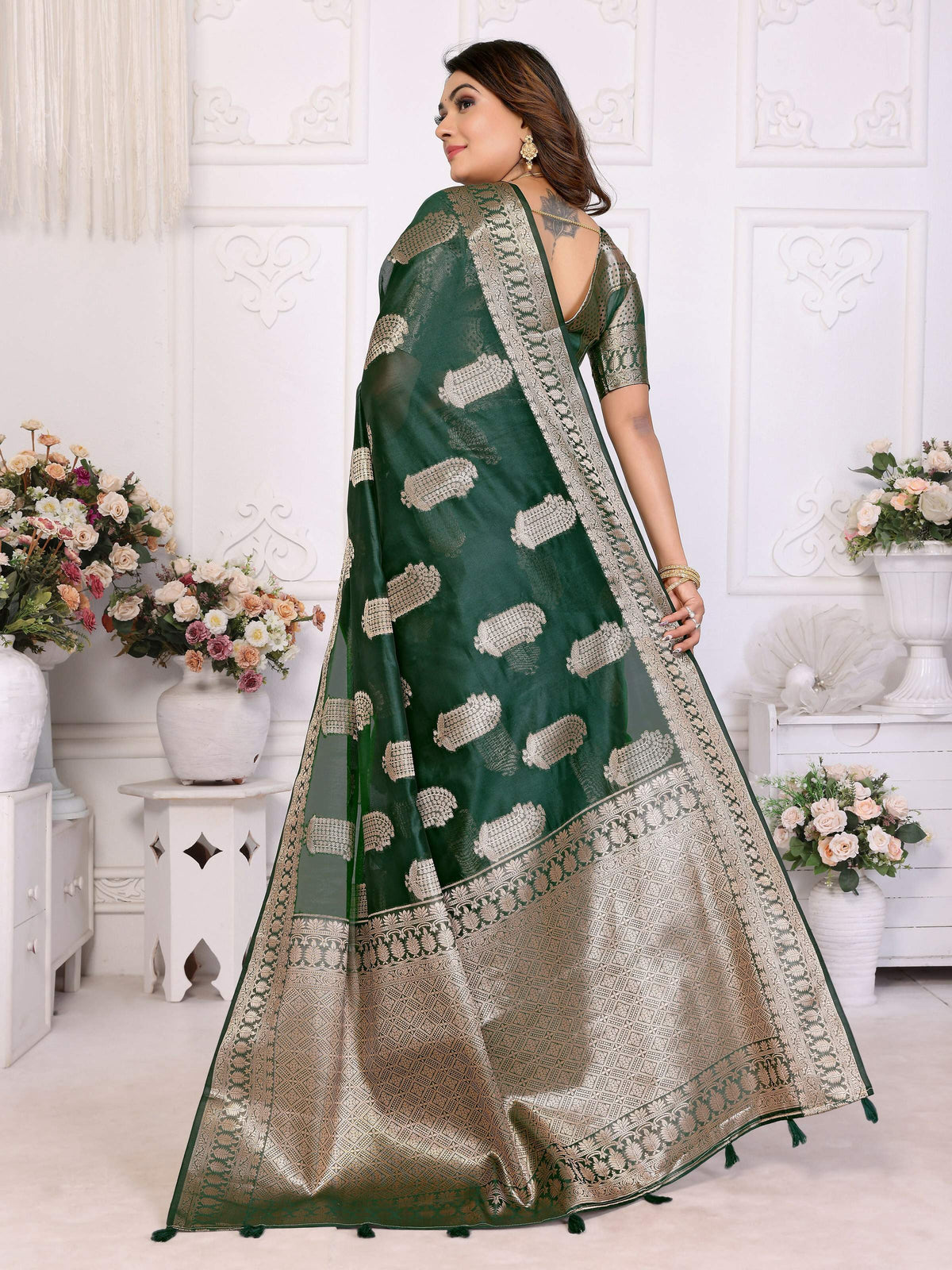 Aastha Fashion Green Soft Organza Silk Weaving Saree | Grocsy