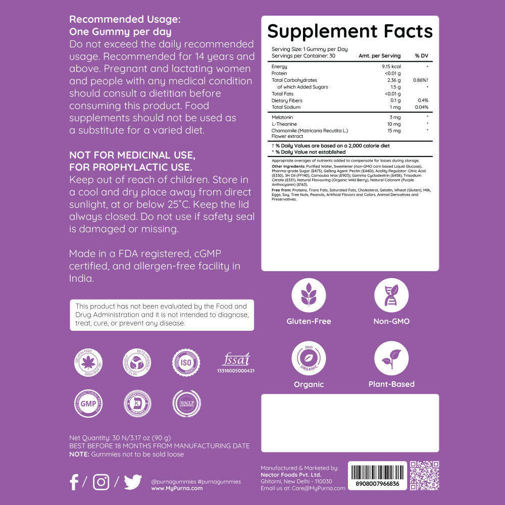 Purna Gummies Melatonin Wild Berry Flavour Gummies for Sleep Well & Reduced Stress | Grocsy