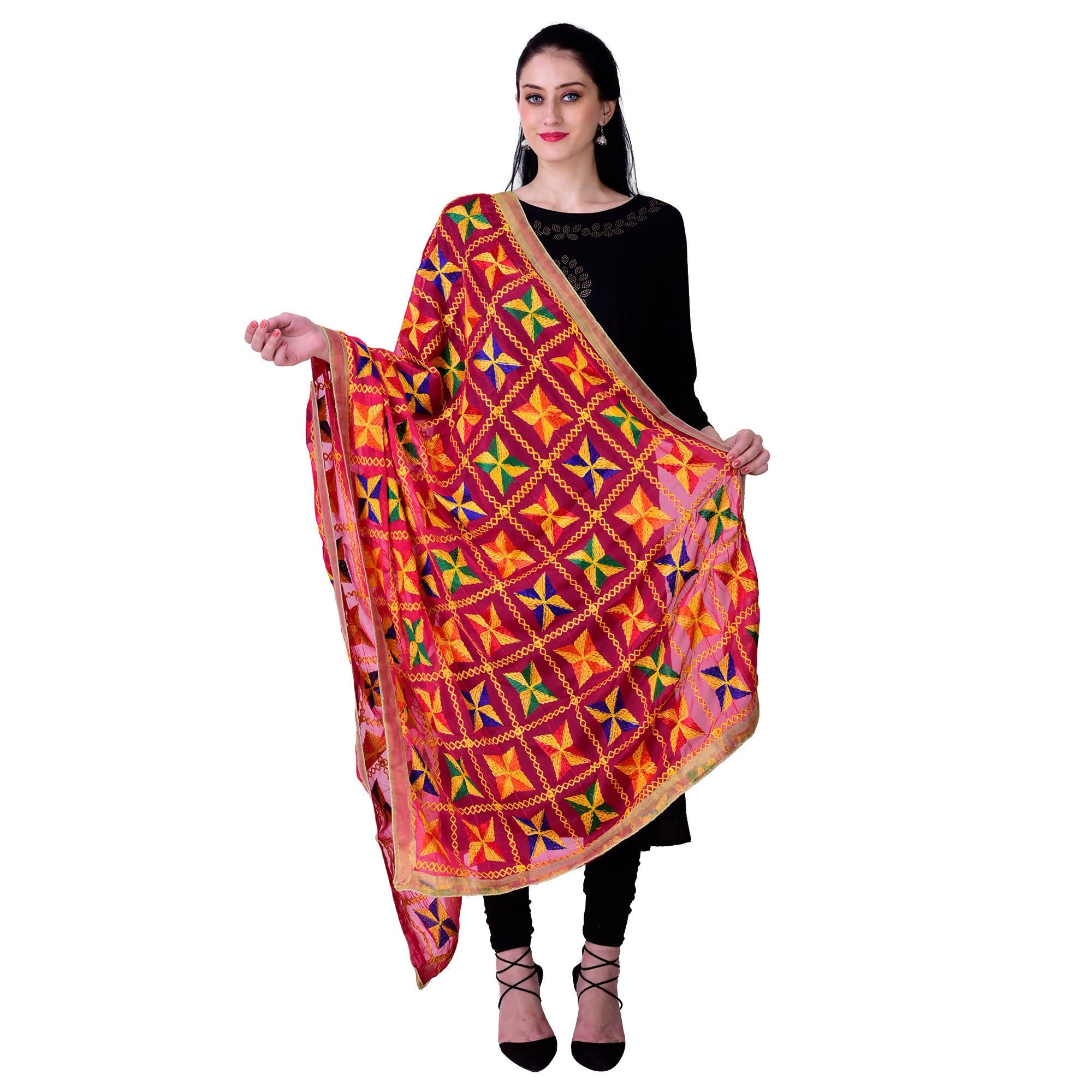 SWI Stylish Women's Embroidered Phulkari Chiffon Magenta Dupatta | Grocsy