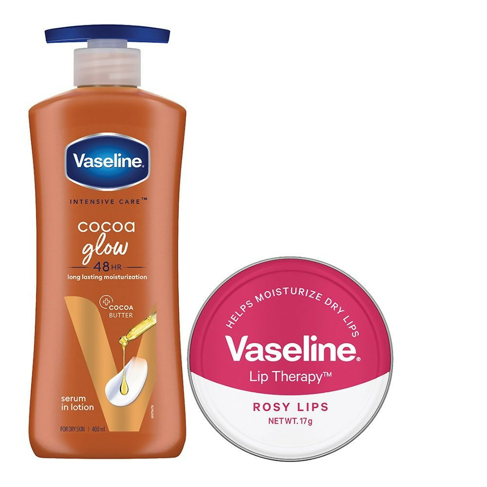 Vaseline Cocoa Glow Lotion With Rosy Lip Tin For Glowing Skin & Sheer Pink Tint | Grocsy