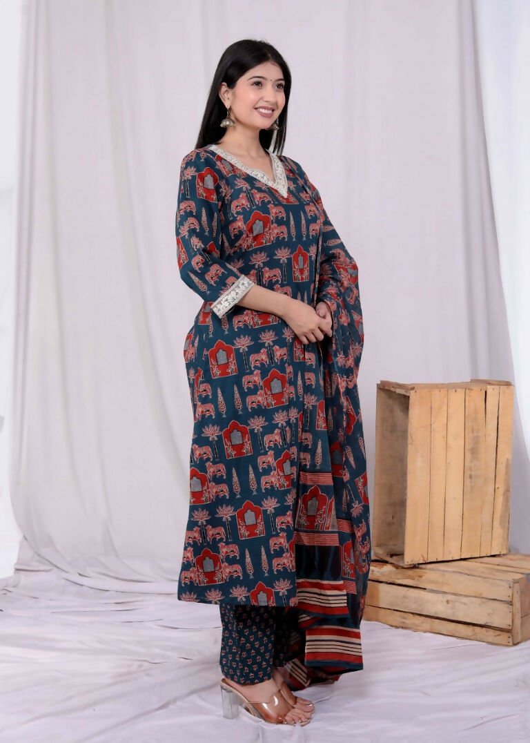 Miravan Women's Pure Cotton Animal Printed Zari Lace Work Blue Jaipuriya Anarkali Suit Set | Grocsy