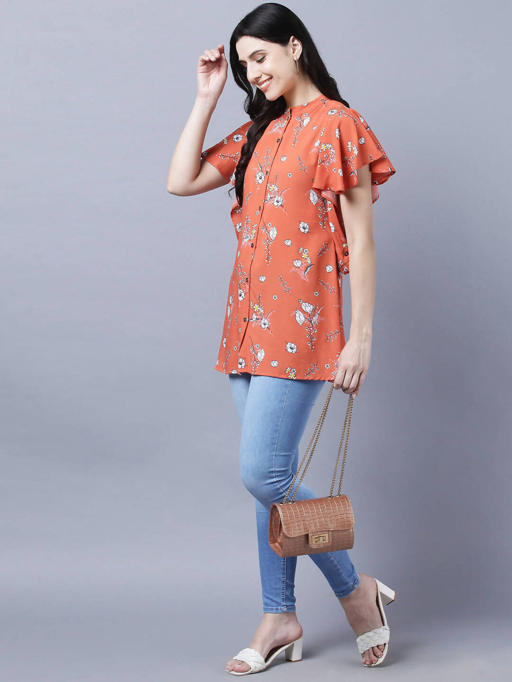 Myshka Stylish Orange Viscose Short Sleeve Women's Top | Grocsy