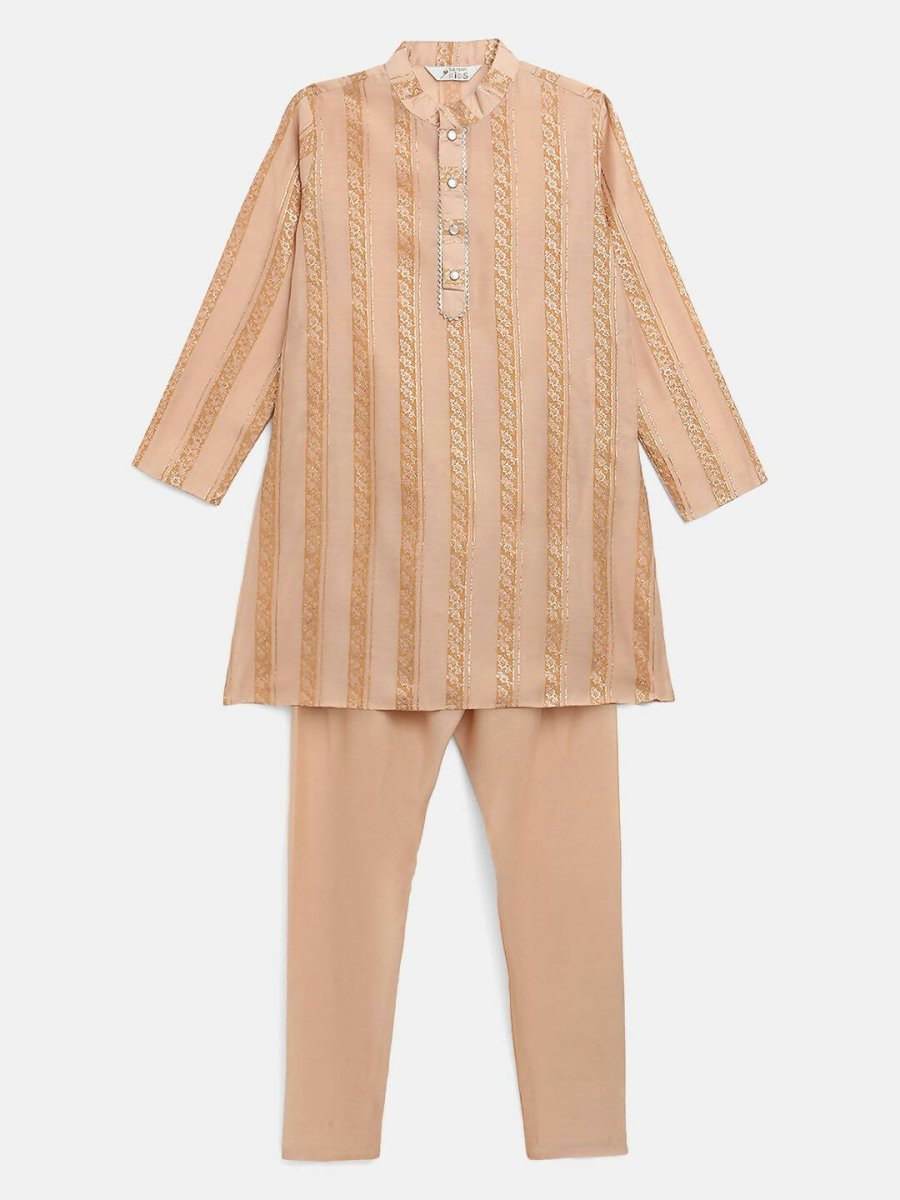 Ahalyaa Beige Chanderi Gold Foil Print Kids Kurta Churidar Set For Boys | Grocsy