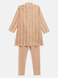 Ahalyaa Beige Chanderi Gold Foil Print Kids Kurta Churidar Set For Boys | Grocsy