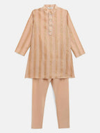 Ahalyaa Beige Chanderi Gold Foil Print Kids Kurta Churidar Set For Boys | Grocsy