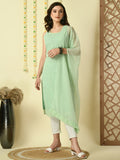 Myshka Women's Green Georgette Sleeveless Straight Party Kurta With Dupatta Set | Grocsy