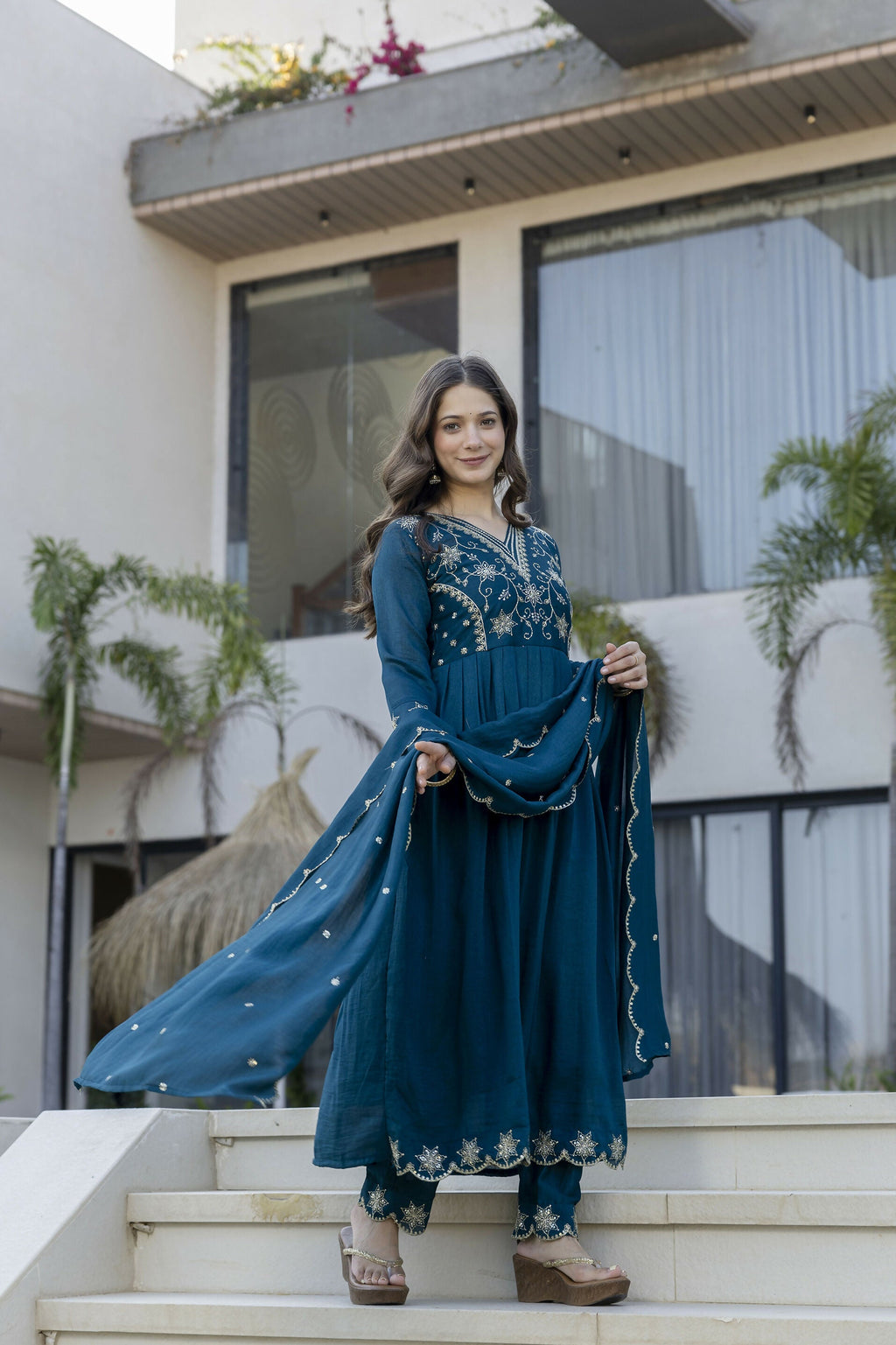 The52 Women's Beautiful Embroidery Work Vichitra Silk Fabric Flared Anarkali Pant and Dupatta Set | Grocsy