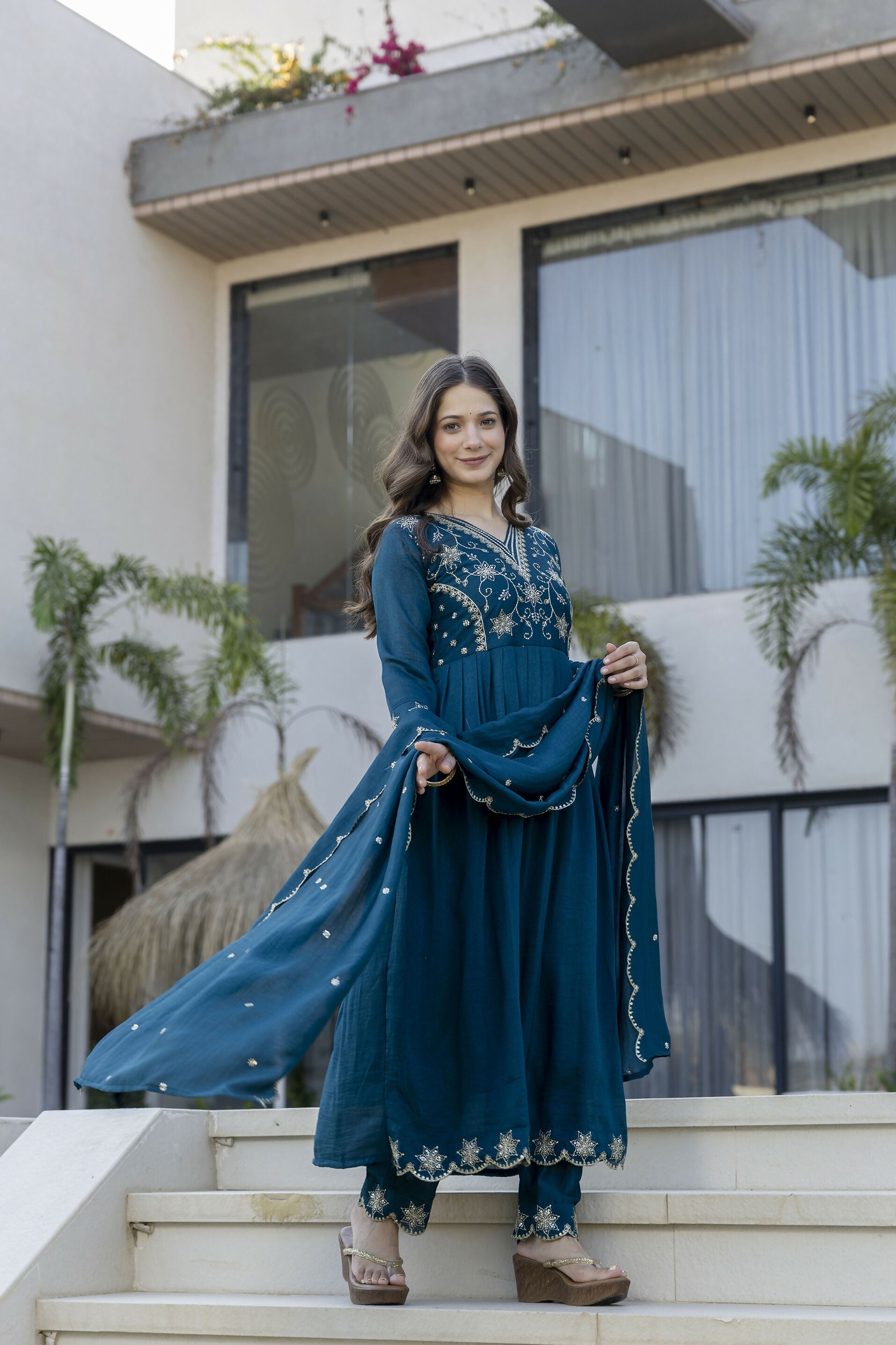The52 Women's Beautiful Embroidery Work Vichitra Silk Fabric Flared Anarkali Pant and Dupatta Set | Grocsy