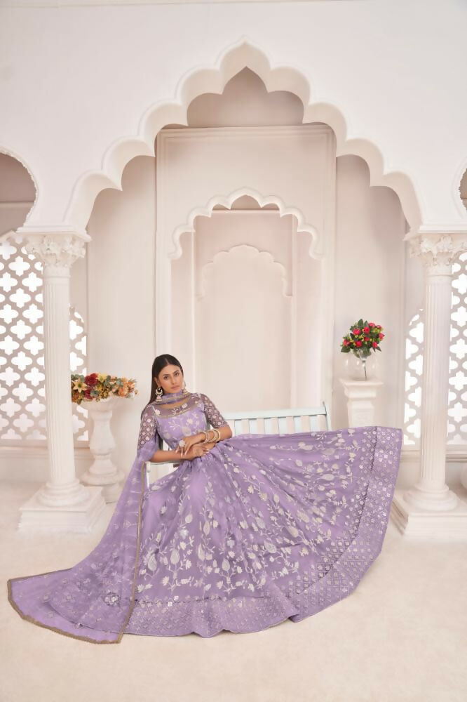 Aastha Fashion Lavender Butterfly Net White Cotton Thread Work, Zari Work And Sandwich Sequence Work Embroidery Wedding Wear Lehenga Choli | Grocsy