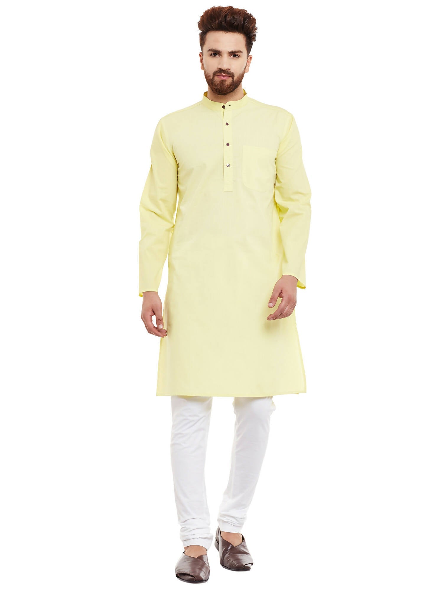 Even Apparels Yellow Pure Cotton Men's Kurta With Band Collar | Grocsy