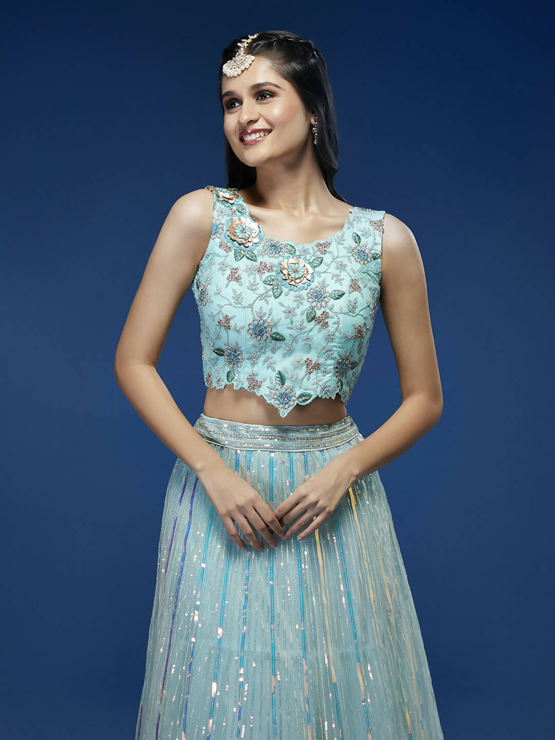 House of Panchhi Turquoise Blue Net Sequinse Work Lehenga & Blouse, Dupatta | Grocsy