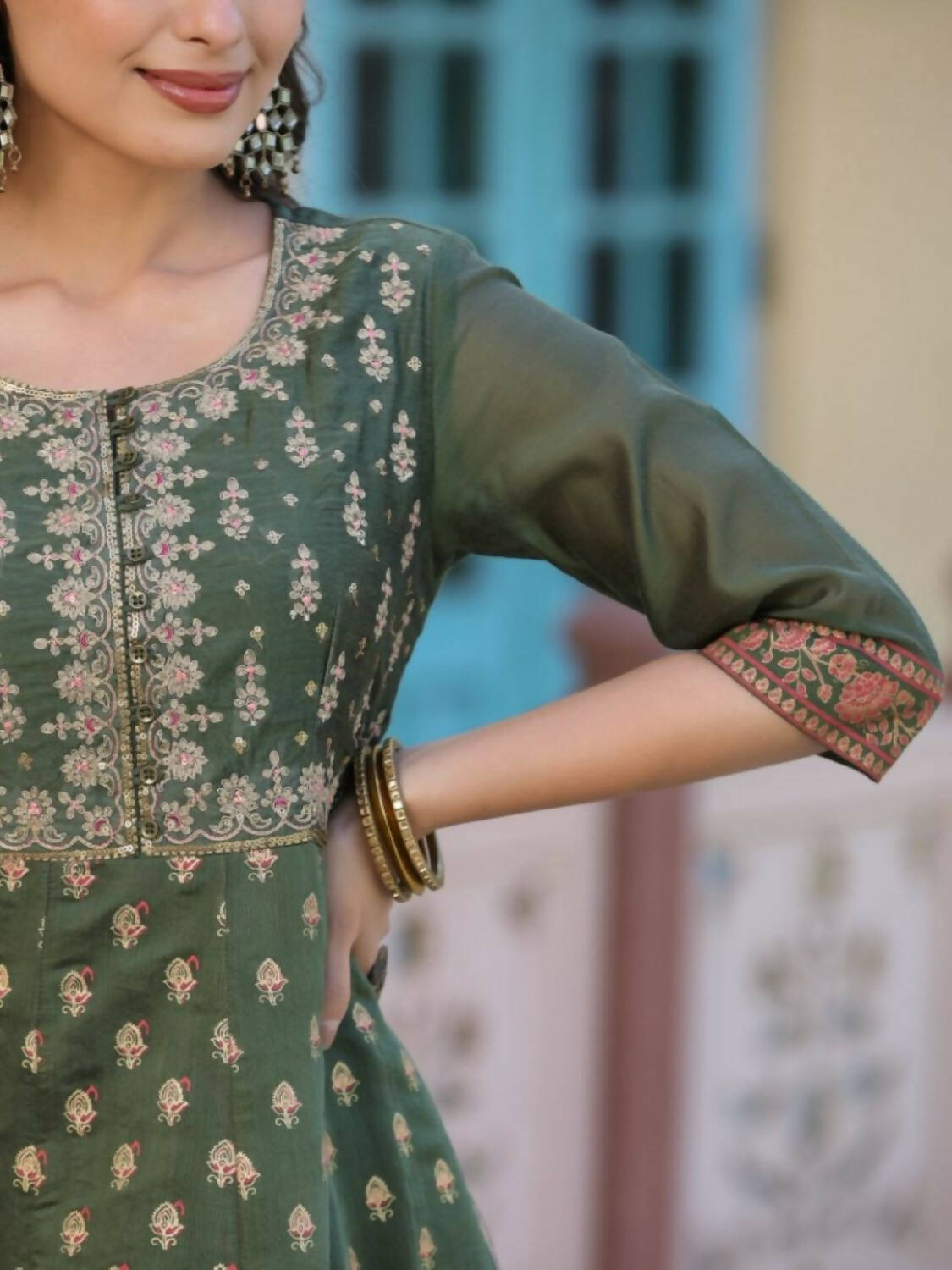 Juniper Women Olive Chanderi Printed Maxi Dress with Embroidered Yoke | Grocsy