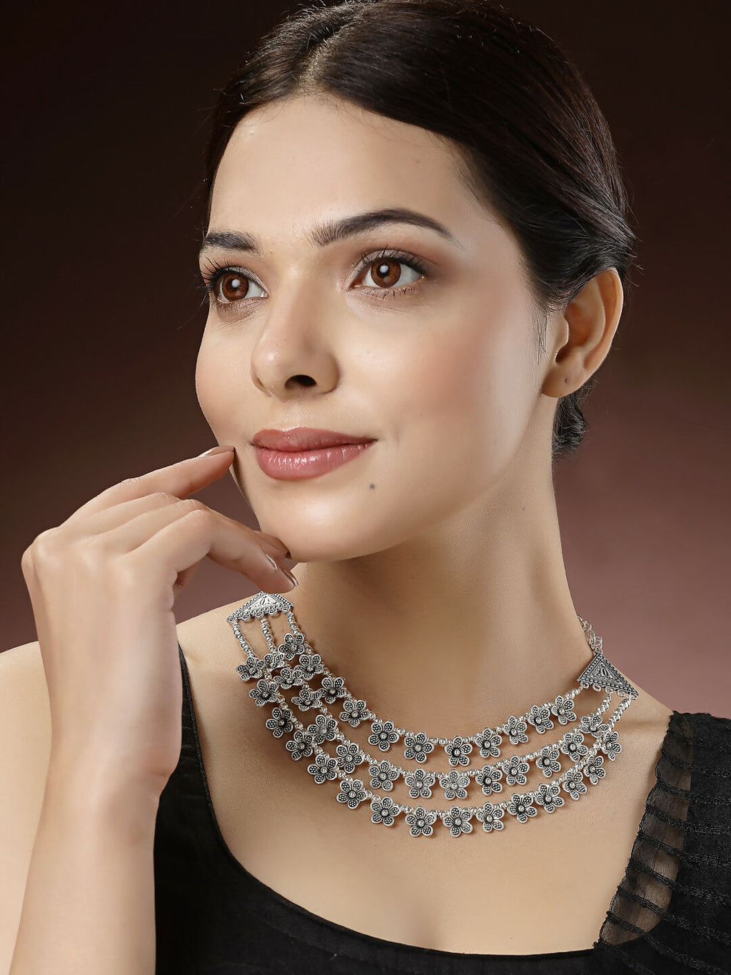NVR Women's 3 Layered Floral Shape Artificial Beads German Silver Oxidised Necklace | Grocsy