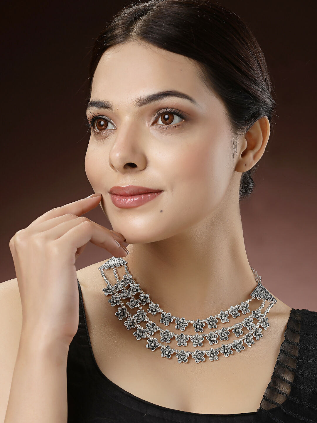 NVR Women's 3 Layered Floral Shape Artificial Beads German Silver Oxidised Necklace | Grocsy
