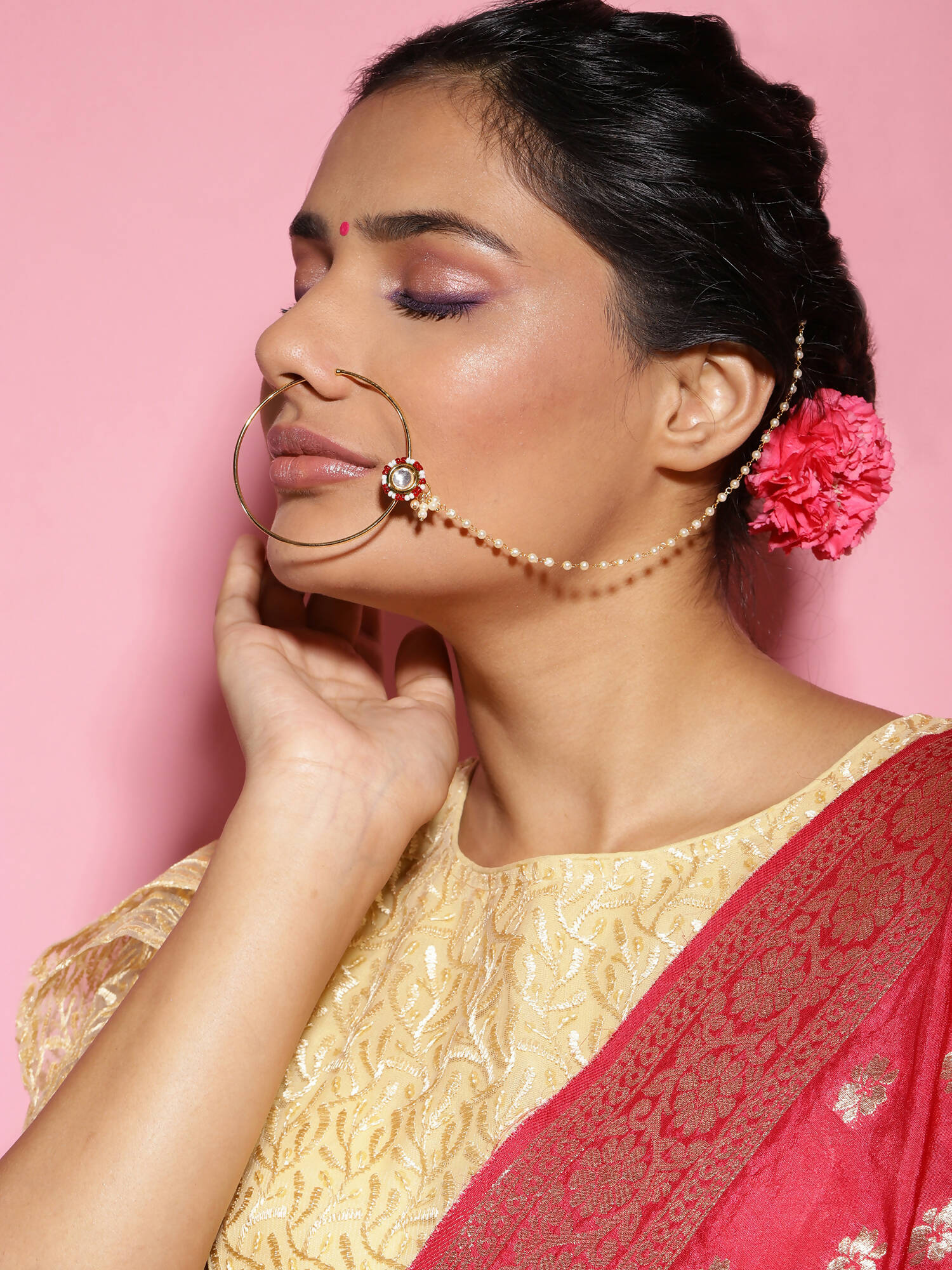 Gold-Pleated Red White Kundan Studded Beaded Chained Nosepin - Ruby Raang | Grocsy