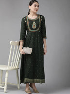 Yufta Women Green & Golden Geometric Print A-Line Maxi Dress with Embroidery Detail | Grocsy