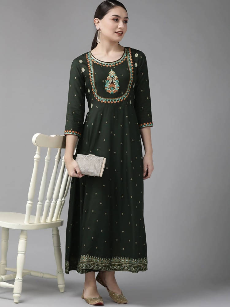 Yufta Women Green & Golden Geometric Print A-Line Maxi Dress with Embroidery Detail | Grocsy