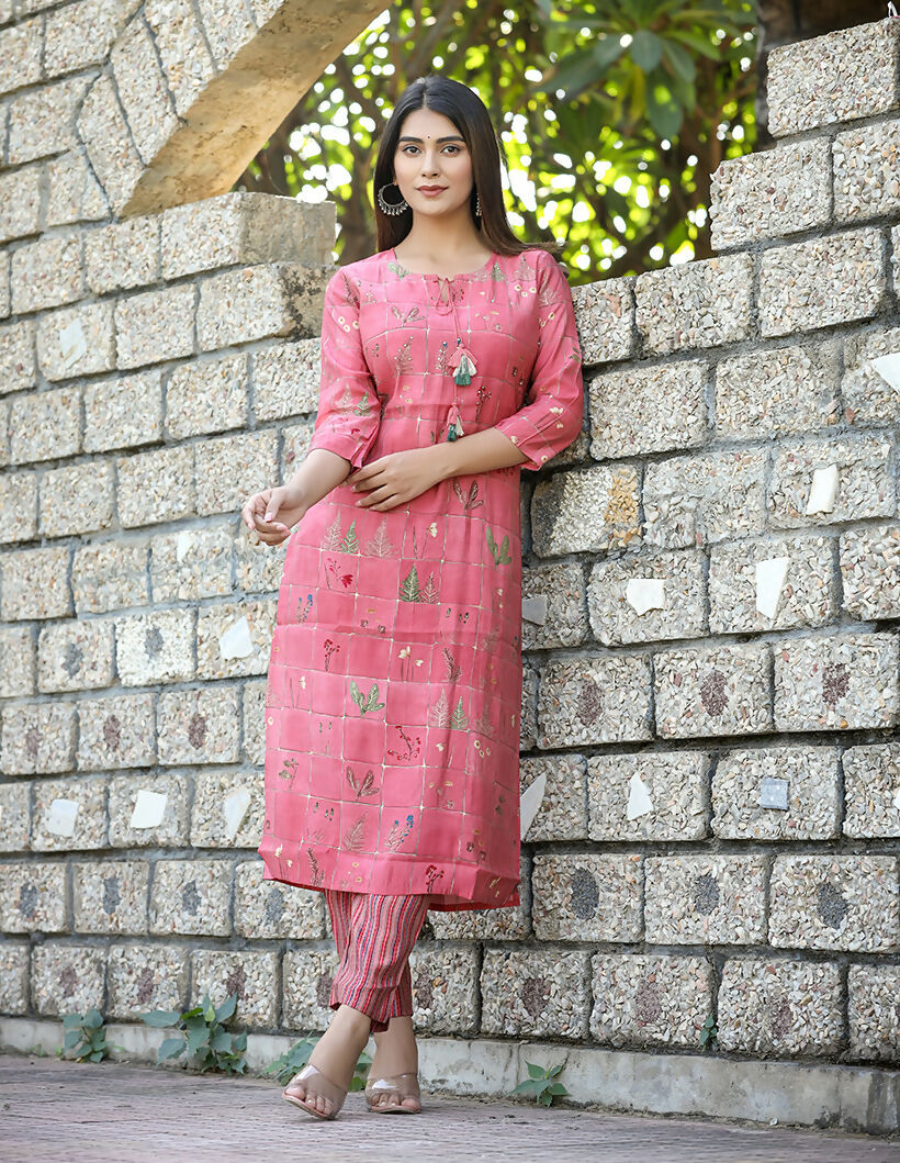 Kaajh Women's Pink Floral Printed Modal Silk Kurta Pant Set | Grocsy